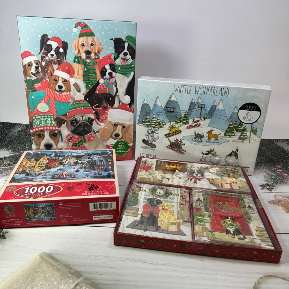 Christmas Puzzle Bundle Lot 3 1000 Pc Holiday Dog Puzzles +Christmas Cards